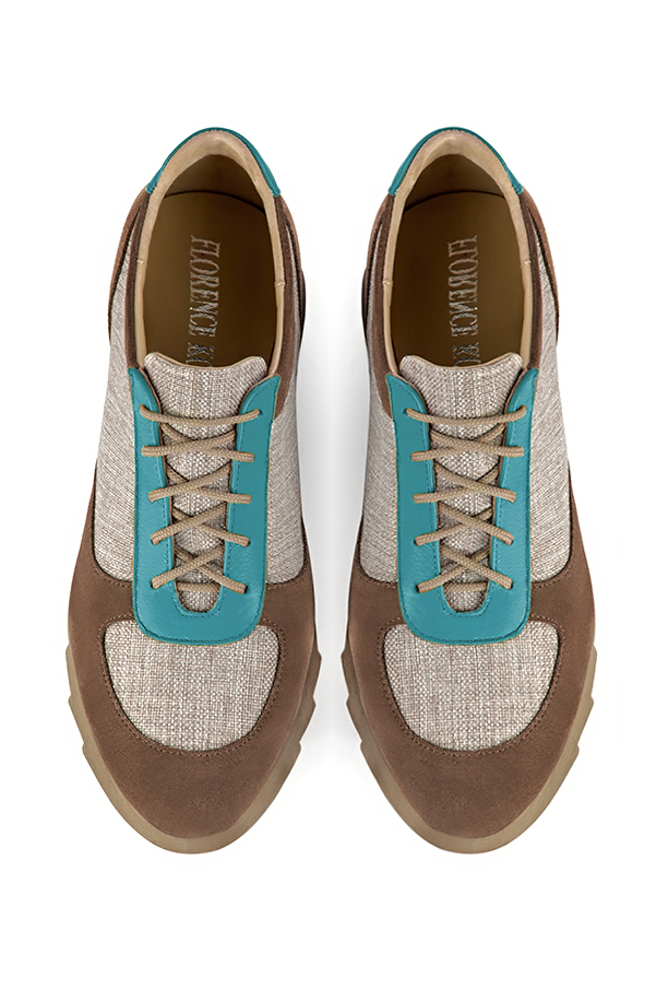 Chocolate brown, natural beige and turquoise blue women's three-tone elegant sneakers. Round toe. Low rubber soles. Top view - Florence KOOIJMAN